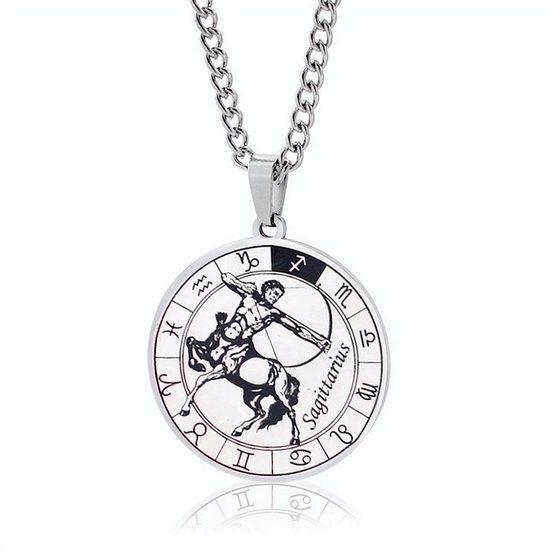 ICYBOY 18K Roestvrije Stalen Ketting Met Ronde Zodiac Sterrenbeeld Pendant [Boogschutter] [60 cm] Silver Plating Stainless Steel Round Horoscope Pendant Necklace