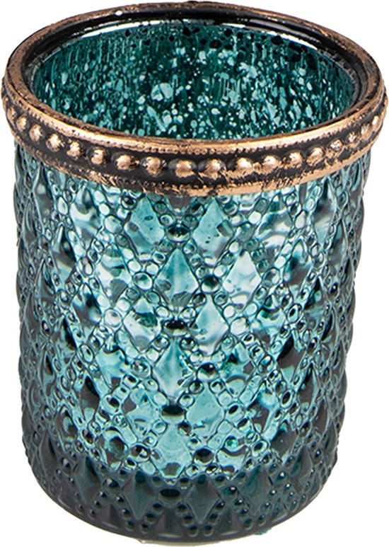 Clayre & Eef Theelichthouder Ø 6x6 cm Turquoise Glas Metaal Waxinelichthouder