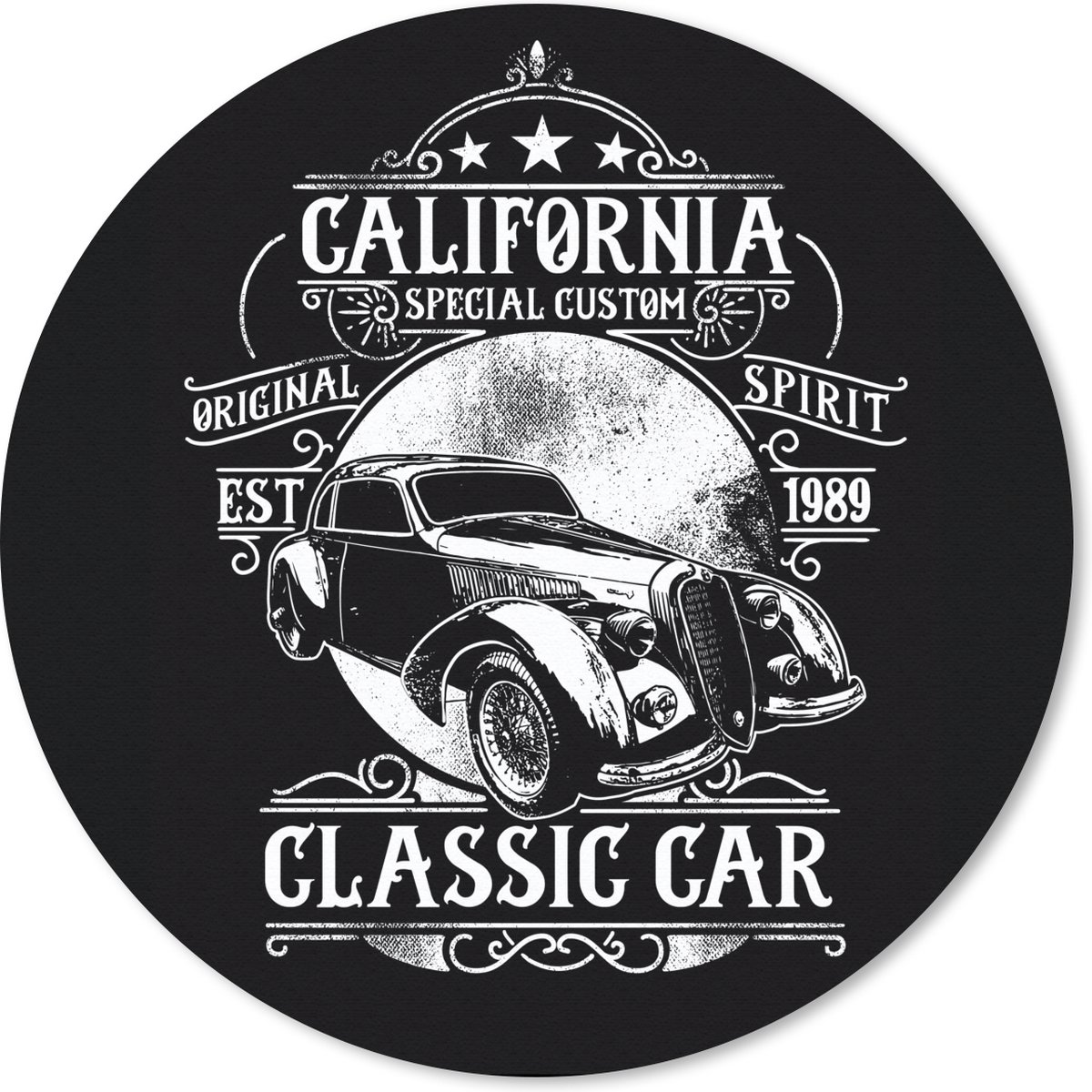 Muismat rond 30x30 cm - Mousepad Mancave - Auto - Vintage - Zwart - Wit - Ronde muismatten