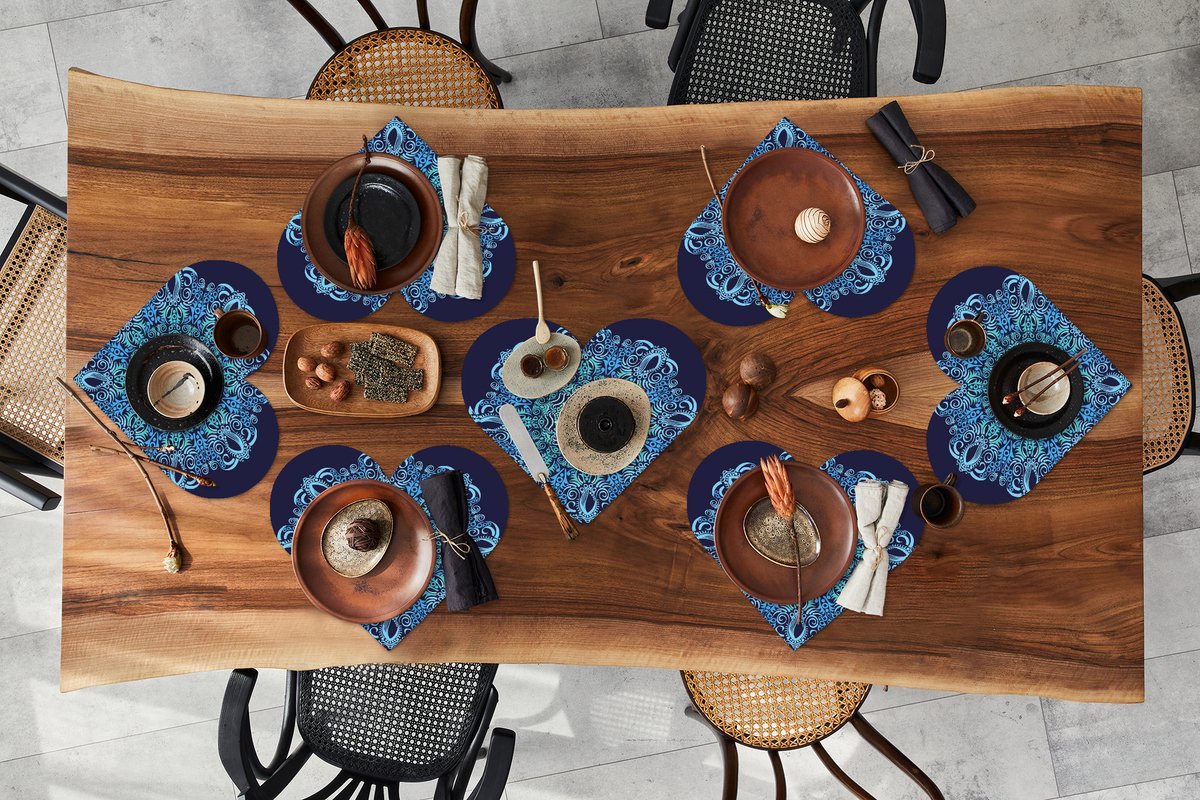 Onderleggers - Placemats - Placemats hartje - Mandala - Blauw - Patronen - 8 stuks