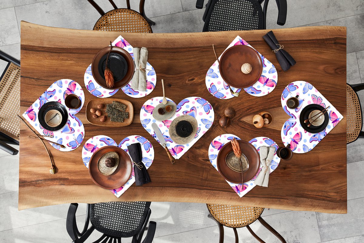 Onderleggers - Placemats - Placemats hartje - Vlinders - Stippen - Patronen - 8 stuks