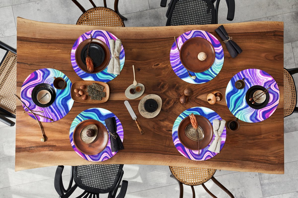 Ronde placemats - Onderlegger - Placemats rond - Marmer print - Blauw - Wit - 6 stuks