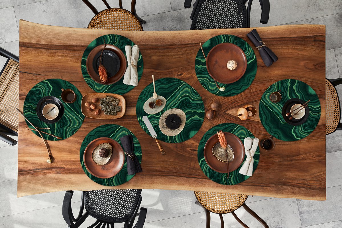 Ronde placemats - Onderlegger - Placemats rond - Marmer print - Groen - Gouden - 10 stuks