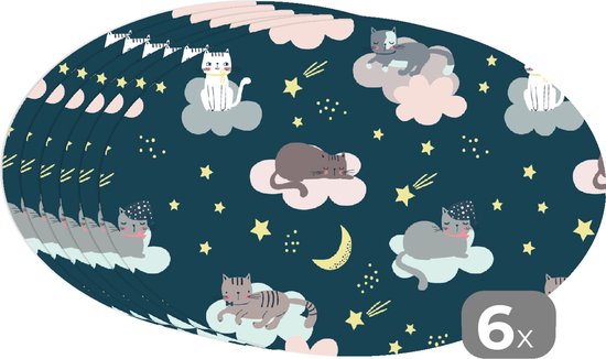 Napperons de table ovales - Sets de table - Sets de table ovales - Motifs - Chat - Lune - 6 pièces