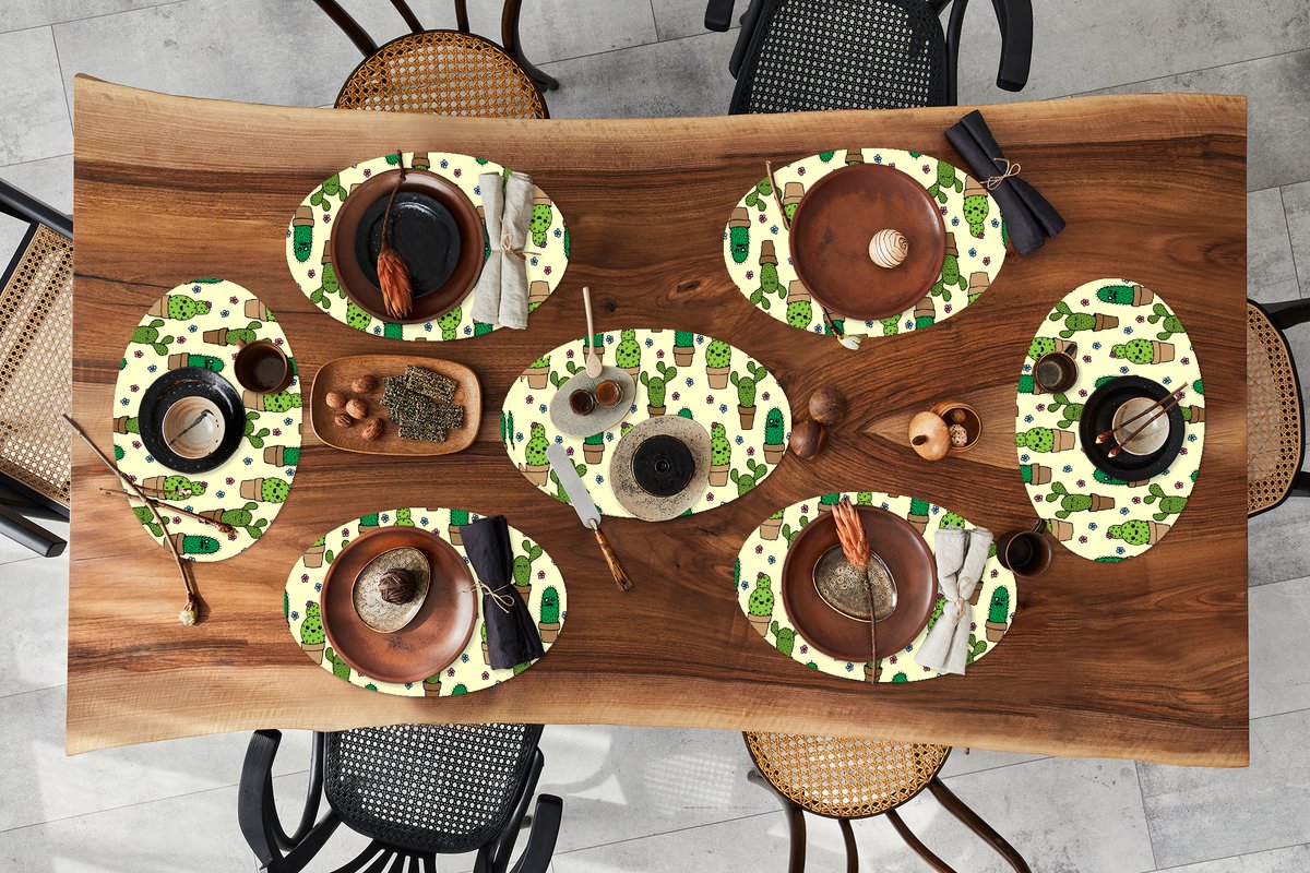 Placemats ovaal - Onderleggers - Ovale placemats - Patronen - Cactus - Bloemen - 8 stuks