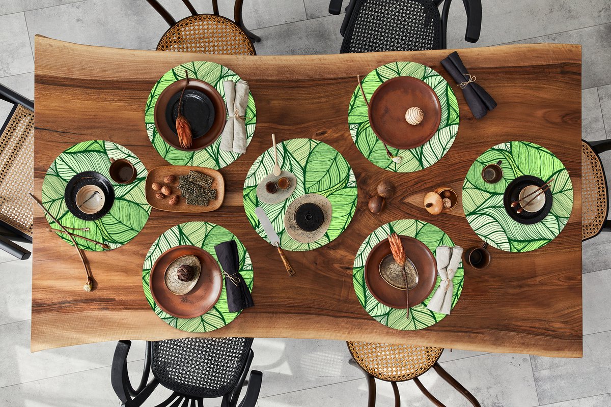 Ronde placemats - Onderlegger - Placemats rond - Bladeren - Schets - Vintage - Patronen - 8 stuks
