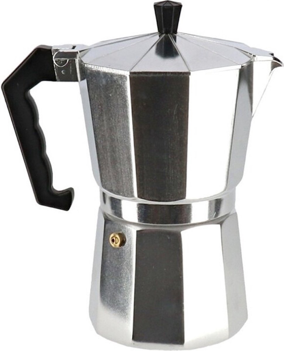 Zilveren percolator/espresso koffie apparaat met 12x zwarte kopjes