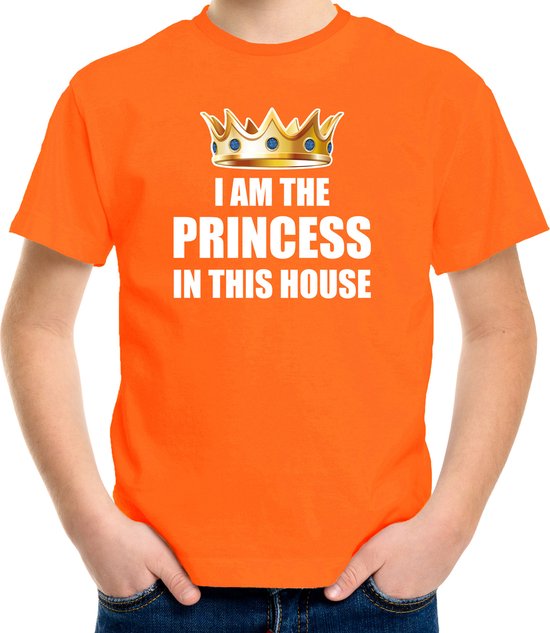Koningsdag t-shirt Im the princess in this house oranje meisjes / kinderen - Woningsdag - thuisblijvers / Kingsday thuis vieren 110/116