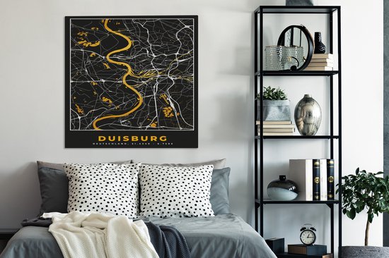 Peinture sur toile Duisburg - Allemagne - Plan de ville - Carte - Plan d'étage - Or - 90x90 cm - Décoration murale