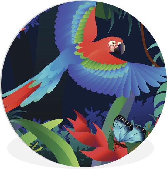 WallCircle - Wandcirkel ⌀ 90 - Een illustratie van een vliegende papegaai in het regenwoud - Ronde schilderijen woonkamer - Wandbord rond - Muurdecoratie cirkel - Kamer decoratie binnen - Wanddecoratie muurcirkel - Woonaccessoires