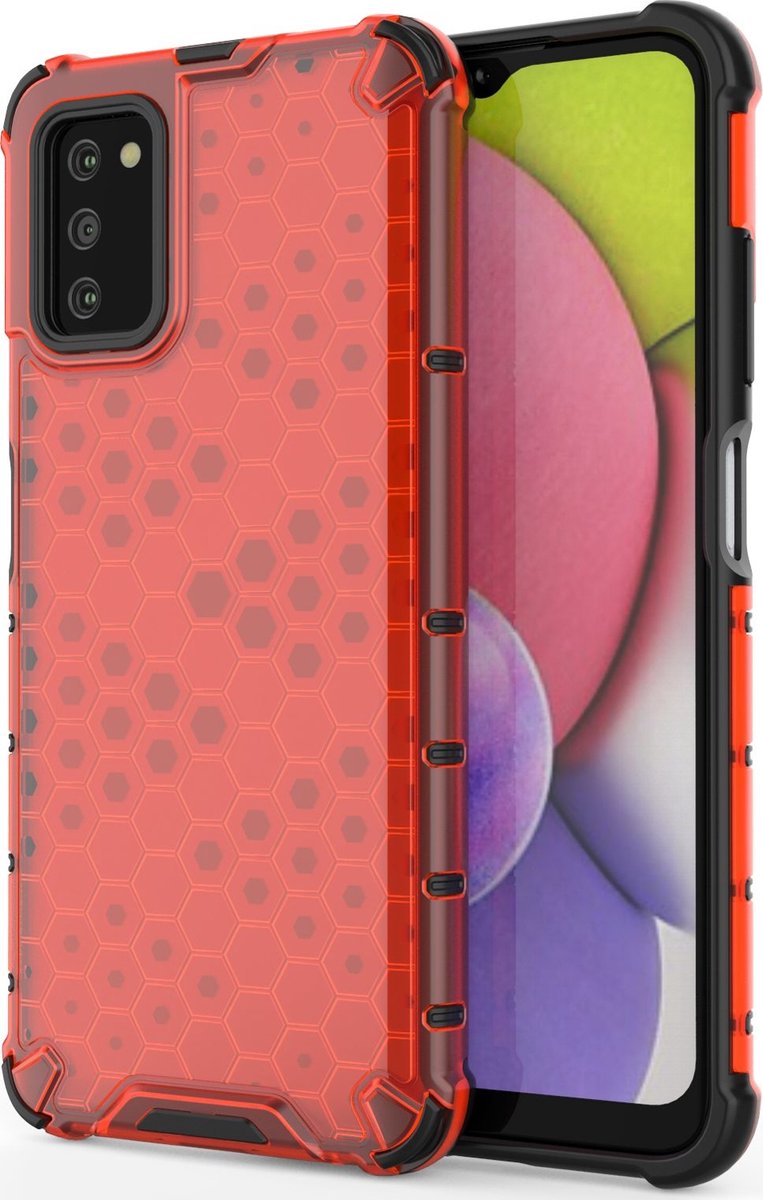Mobigear Hoesje geschikt voor Samsung Galaxy A03s Telefoonhoesje Hardcase | Mobigear Honeycomb Backcover Shockproof | Schokbestendig Galaxy A03s Telefoonhoesje | Anti Shock Proof - Rood