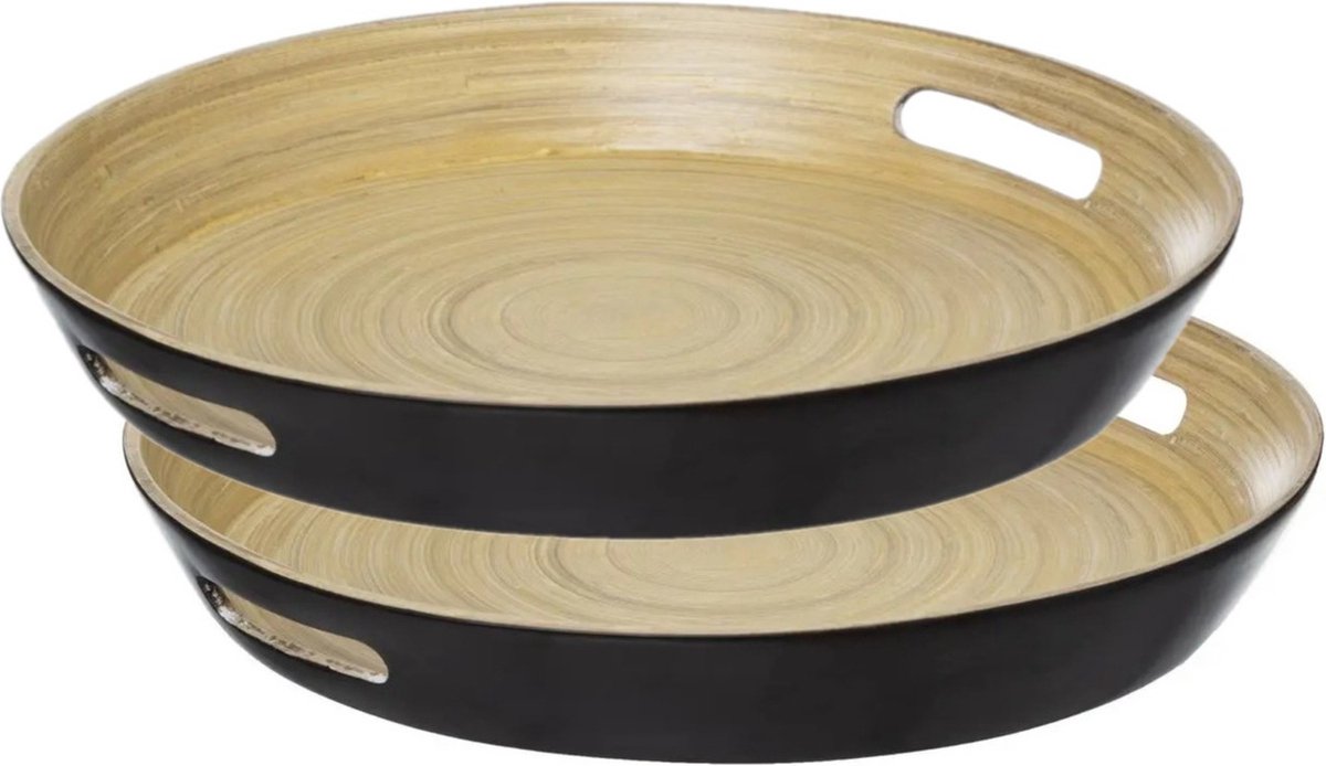 5Five Dienblad - 2x stuks - rond - D42 cm - bamboe hout - zwart - met handvaten - serveerblad