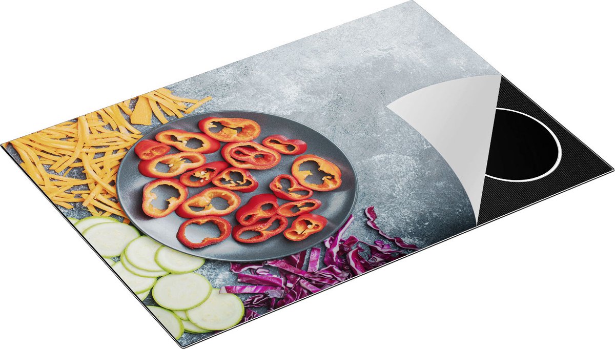 Chefcare Inductie Beschermer Gesneden Groente op Grijze Marmer - Groentes - 75x50 cm - Afdekplaat Inductie - Kookplaat Beschermer - Inductie Mat