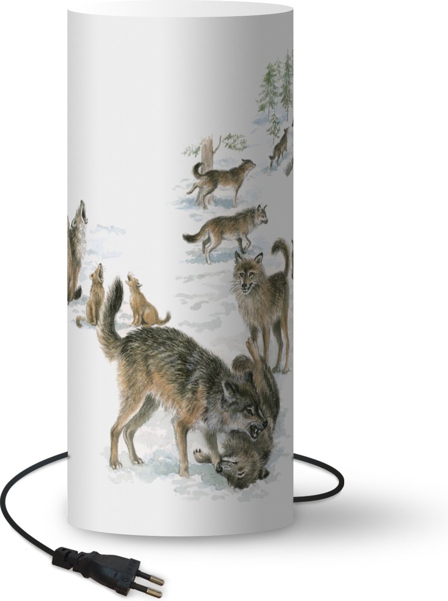 Lamp - Nachtlampje - Tafellamp slaapkamer - Wolven - Sneeuw - Winter - 70 cm hoog - Ø29.6 cm - Inclusief LED lamp