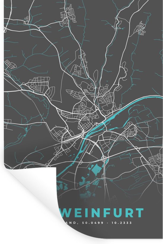 Stickers muraux - Carte - Plan d'étage - Plan de la ville - Schweinfurt - Allemagne - Blauw - 40x60 cm - Feuille adhésive
