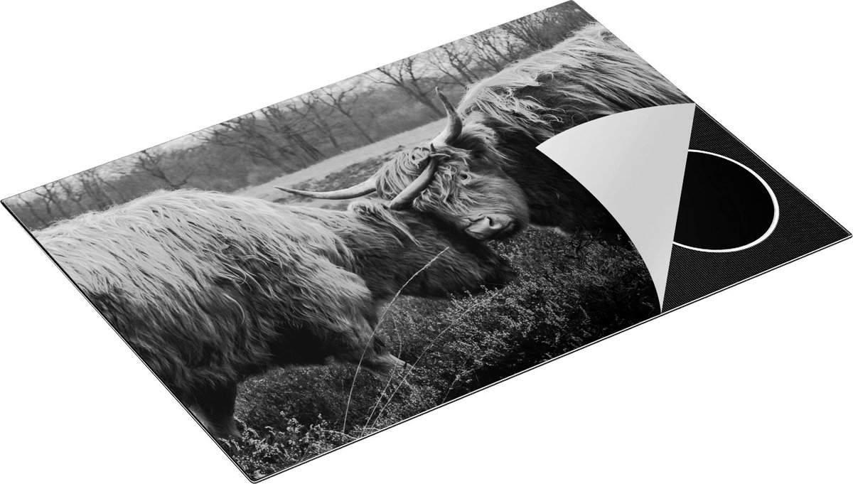 Chefcare Inductie Beschermer Twee Schotse Hooglanders Knuffelen Elkaar - Zwart Wit - 75x50 cm - Afdekplaat Inductie - Kookplaat Beschermer - Inductie Mat