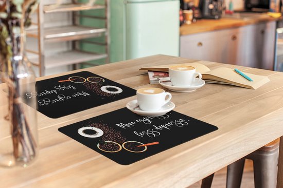 Set de table - Napperons en plastique - Café - Plus d'espresso Moins depresso - Citations - Énonciations - 45x30 cm - 6 pièces - Résistant à la chaleur - Antidérapant - Pad - Amovible