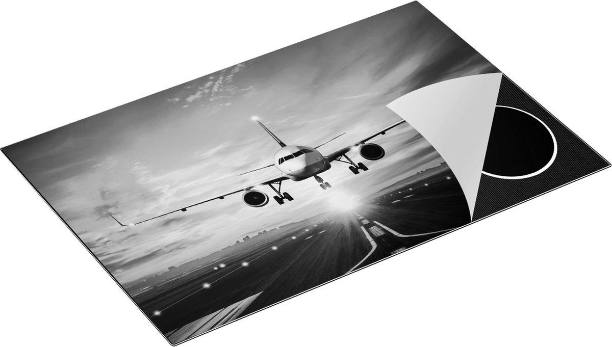 Chefcare Inductie Beschermer Vliegtuig met een Landing op de Luchthaven - Zwart Wit - 80,2x52,2 cm - Afdekplaat Inductie - Kookplaat Beschermer - Inductie Mat