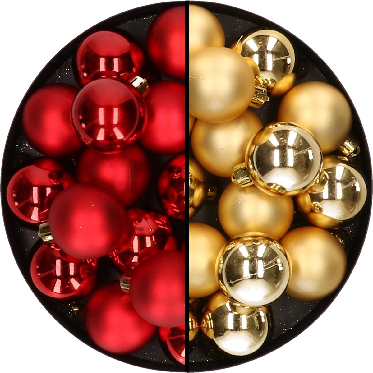 Set van 32 kleine gouden en rode kerstballen van 4 cm diameter.