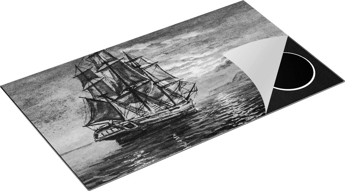 Chefcare Inductie Beschermer Oude Piratenschip Zeilboot Getekend - Zwart Wit - 91,2x52 cm - Afdekplaat Inductie - Kookplaat Beschermer - Inductie Mat