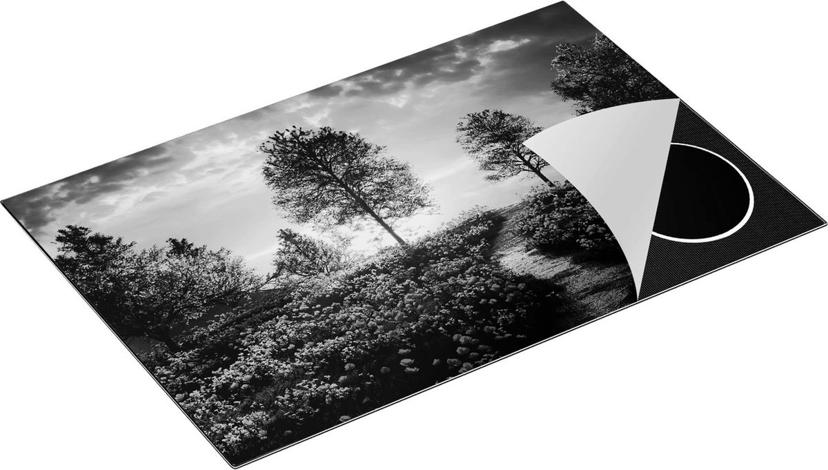 Chefcare Inductie Beschermer Mooi Landschap met Rode Bloemen en Zonsondergang - Zwart Wit - 80x55 cm - Afdekplaat Inductie - Kookplaat Beschermer - Inductie Mat