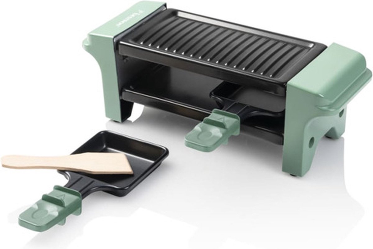 Bestron Mini Raclette Gourmetstel voor 1 tot 2 personen incl. 2 pannen & 2 houten spatels met antiaanbaklaag 350W mint
