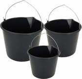 Stevige zwarte huishoud/klus emmers set van 3 formaten met schenktuit in 12-16-20 liter inhoud
