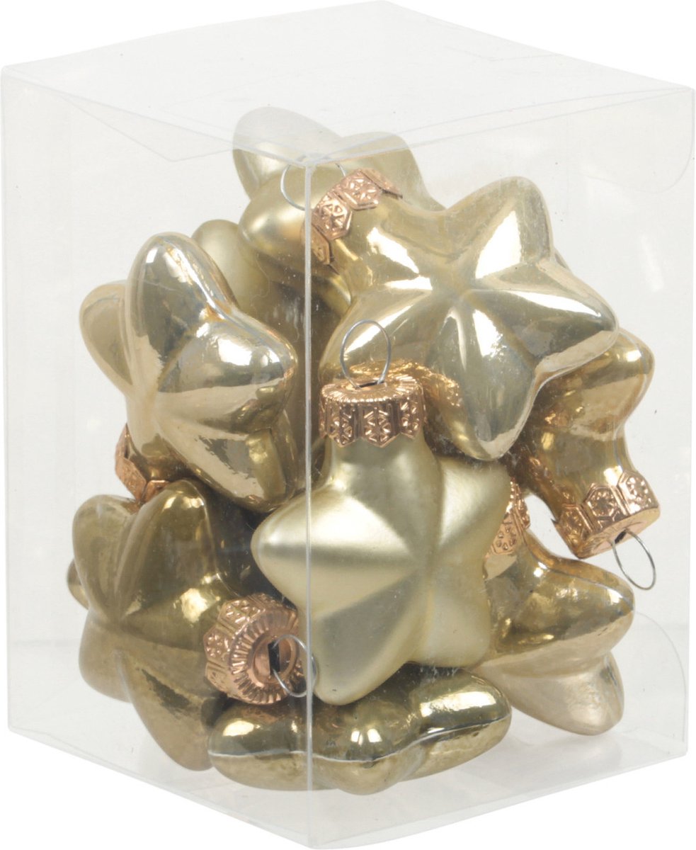 Gouden en groene glazen kerstornamenten in de vorm van sterren, set van 12 stuks, elk 4 cm groot.