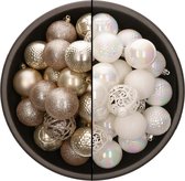 Bellatio Decorations Kerstballen mix - 74-delig - champagne en parelmoer wit - 6 cm - kunststof