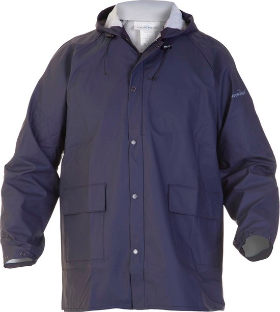 Marineblauwe Hydrowear regenjas met capuchon, drukknoopsluiting en twee steekzakken.