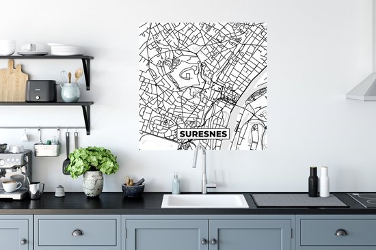 Stickers muraux - France - Carte - Plan de ville - Suresnes - Carte - Zwart et blanc - 80x80 cm - Feuille adhésive