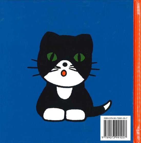 Een zwarte kat met witte borst, groene ogen en rode mond, zittend op een blauwe achtergrond. ISBN 978-90-73991-05-7