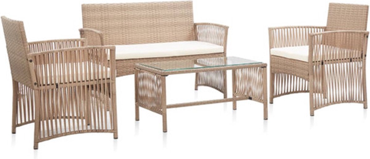 VidaXL loungeset + kussens poly rattan beige 4-delig