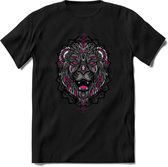 Leeuw - Dieren Mandala T-Shirt | Roze | Grappig Verjaardag Zentangle Dierenkop Cadeau Shirt | Dames - Heren - Unisex | Wildlife Tshirt Kleding Kado | - Zwart - L