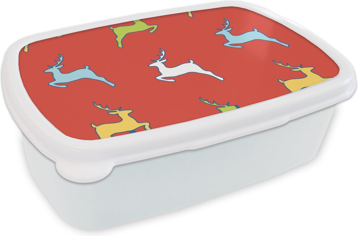 Broodtrommel Wit - Lunchbox - Brooddoos - Patroon - Hert - Rood - 18x12x6 cm - Volwassenen