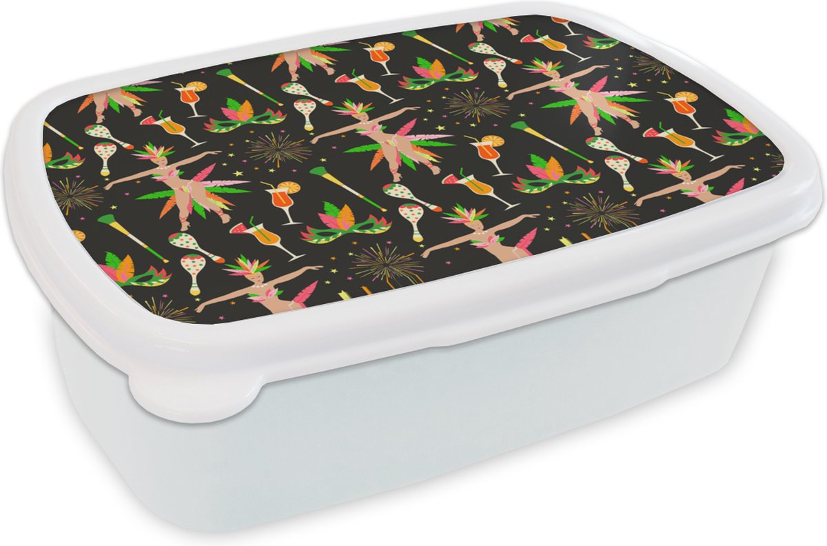 Broodtrommel Wit - Lunchbox - Brooddoos - Brazilië - Carnaval - Patroon - 18x12x6 cm - Volwassenen