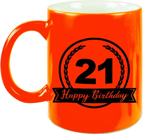 Foto: Happy birthday 21 years cadeau mok beker met wimpel 330 ml neon oranje keramiek verjaardag cadeau