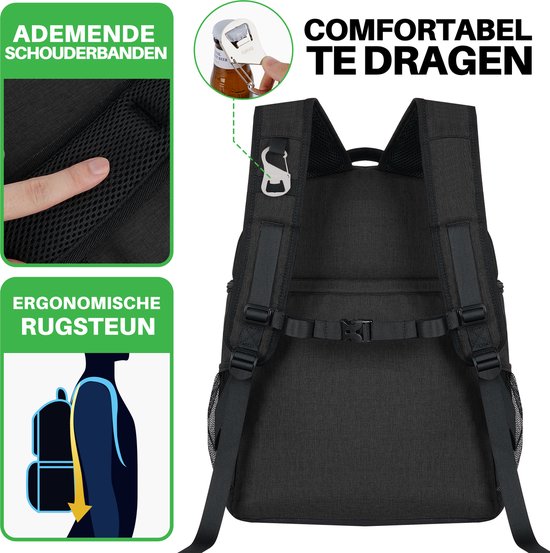 Achterkant van zwarte rugzak met ademende schouderbanden en ergonomische rugsteun.