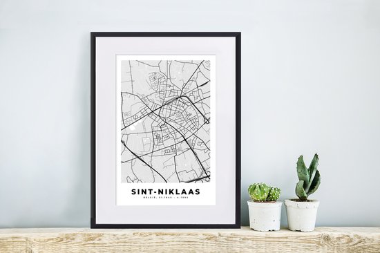 Cadre photo avec affiche Zwart Wit- Plan de la ville - Carte - België - Zwart Wit - Sint Niklaas - Carte - 30x40 cm - Cadre pour affiche