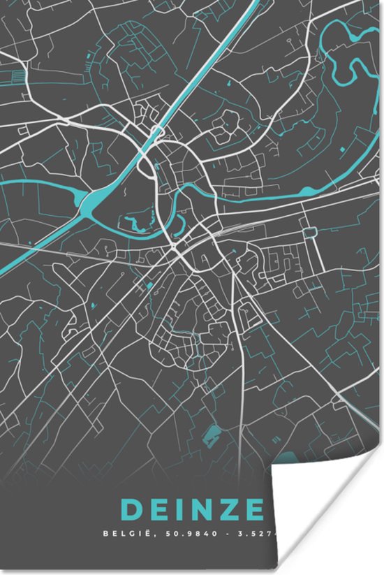 Poster Plattegrond – Deinze – Blauw – Stadskaart - Kaart - 80x120 cm | bol