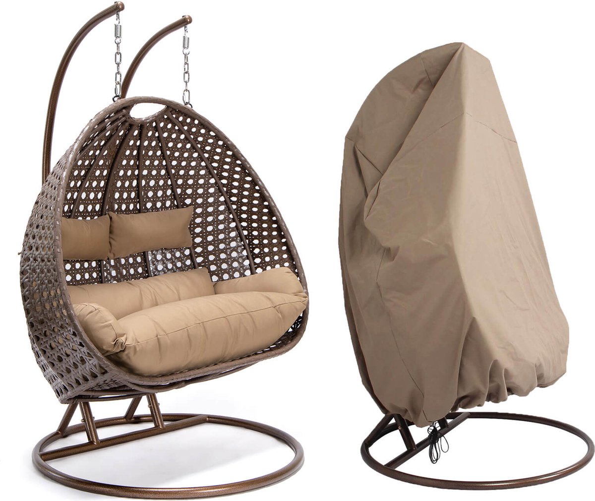 Hangstoel Polyrattan TWIN - Bruin - Met regenhoes + kussens