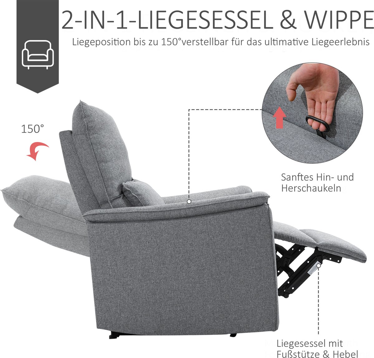 HOMCOM Relaxstoel ligstoel eenpersoonsbank kantelbaar 150° linnen touch grijs... | bol.com