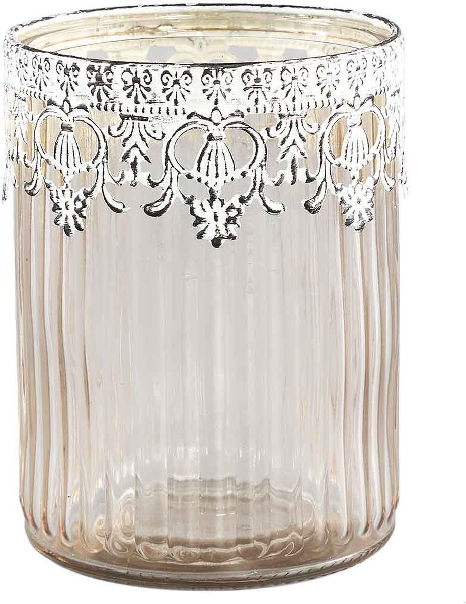 PTMD COLLECTION PTMD Chriss Rond Windlicht - H14,5 x Ø11 cm - Glas - Wit Bruin