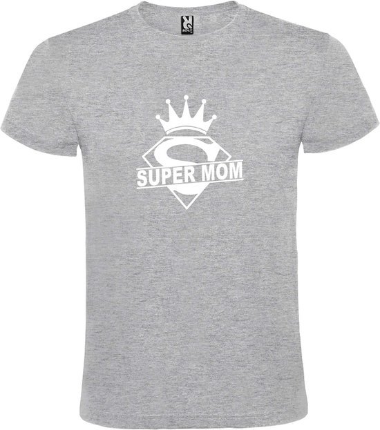 Grijs T shirt met print van "Super Mom " print Wit size L