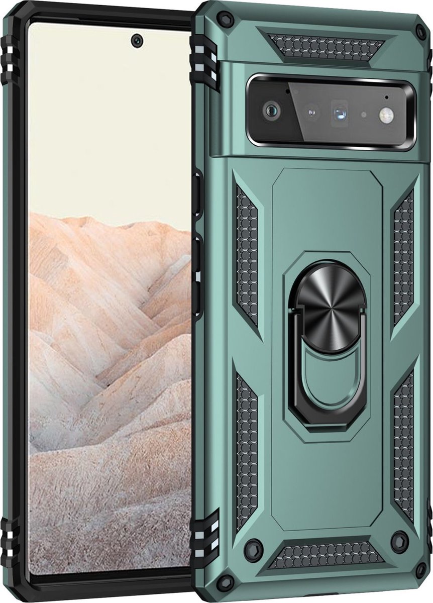 Mobigear Hoesje geschikt voor Google Pixel 6 Pro Telefoonhoesje Hardcase | Mobigear Armor Ring Backcover Shockproof met Ringhouder | Schokbestendig Pixel 6 Pro Telefoonhoesje | Anti Shock Proof - Groen