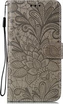 Mobigear Telefoonhoesje geschikt voor LG K50s Hoesje | Mobigear Flowers Bookcase Portemonnee | Pasjeshouder voor 3 Pasjes | Telefoonhoesje voor Pinpas / OV Kaart / Rijbewijs - Grijs