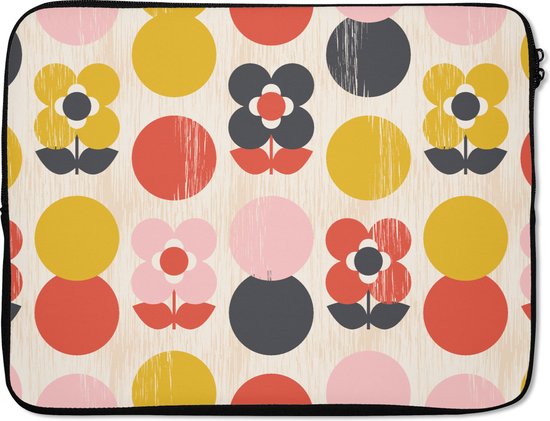 Housse pour ordinateur portable avec motif rétro de fleurs et de cercles pastel, isolée sur blanc.