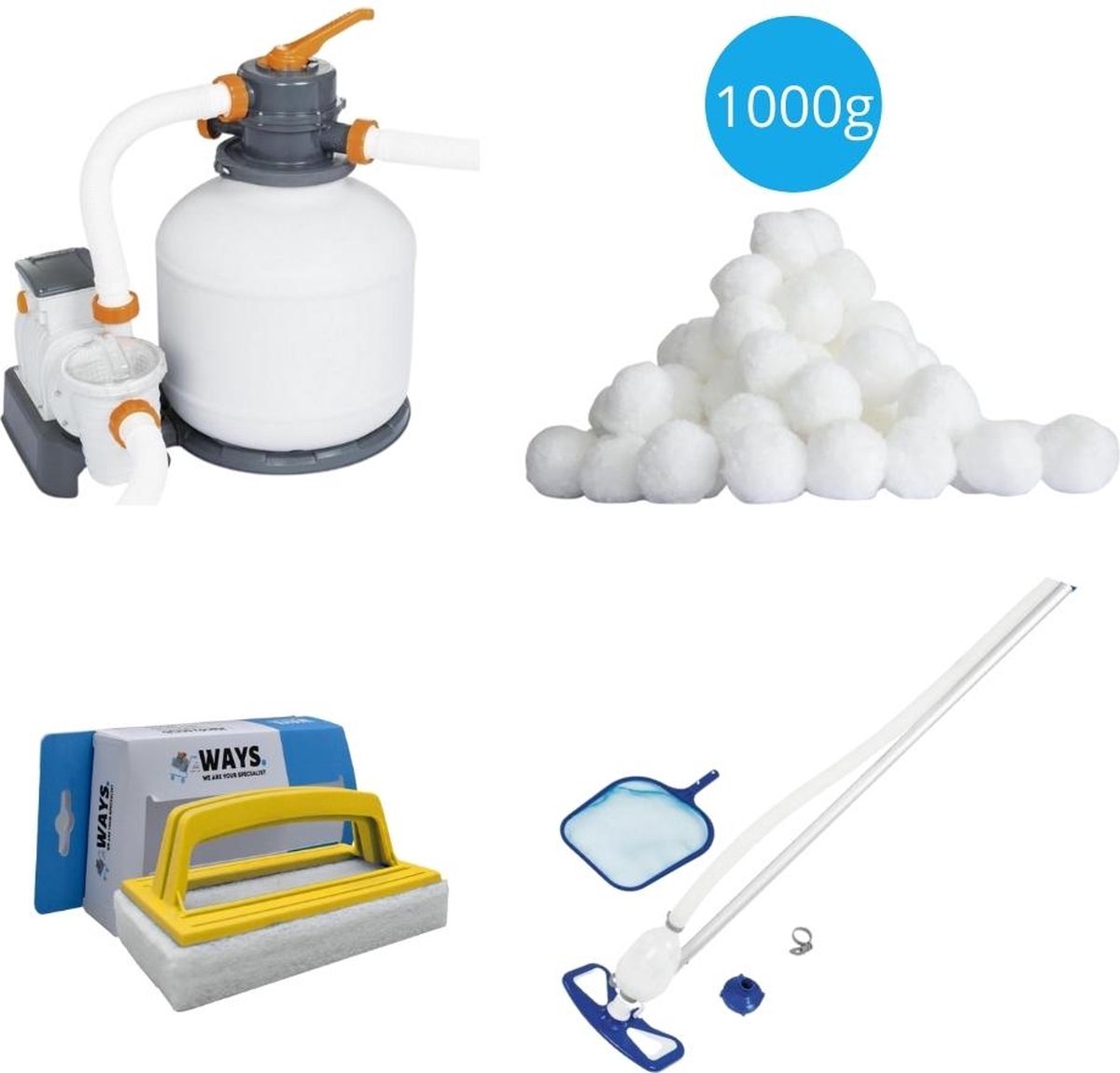 Bestway - Zwembadstofzuiger AquaClean & Zandfilterpomp 5678 L/u & Filterbollen 1000 g & WAYS Scrubborstel