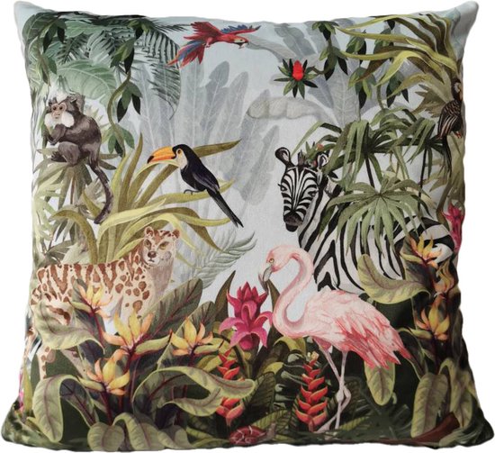 Sierkussen - Fluweel Jungle Flamingo - Multicolor - 45 Cm X 45 Cm