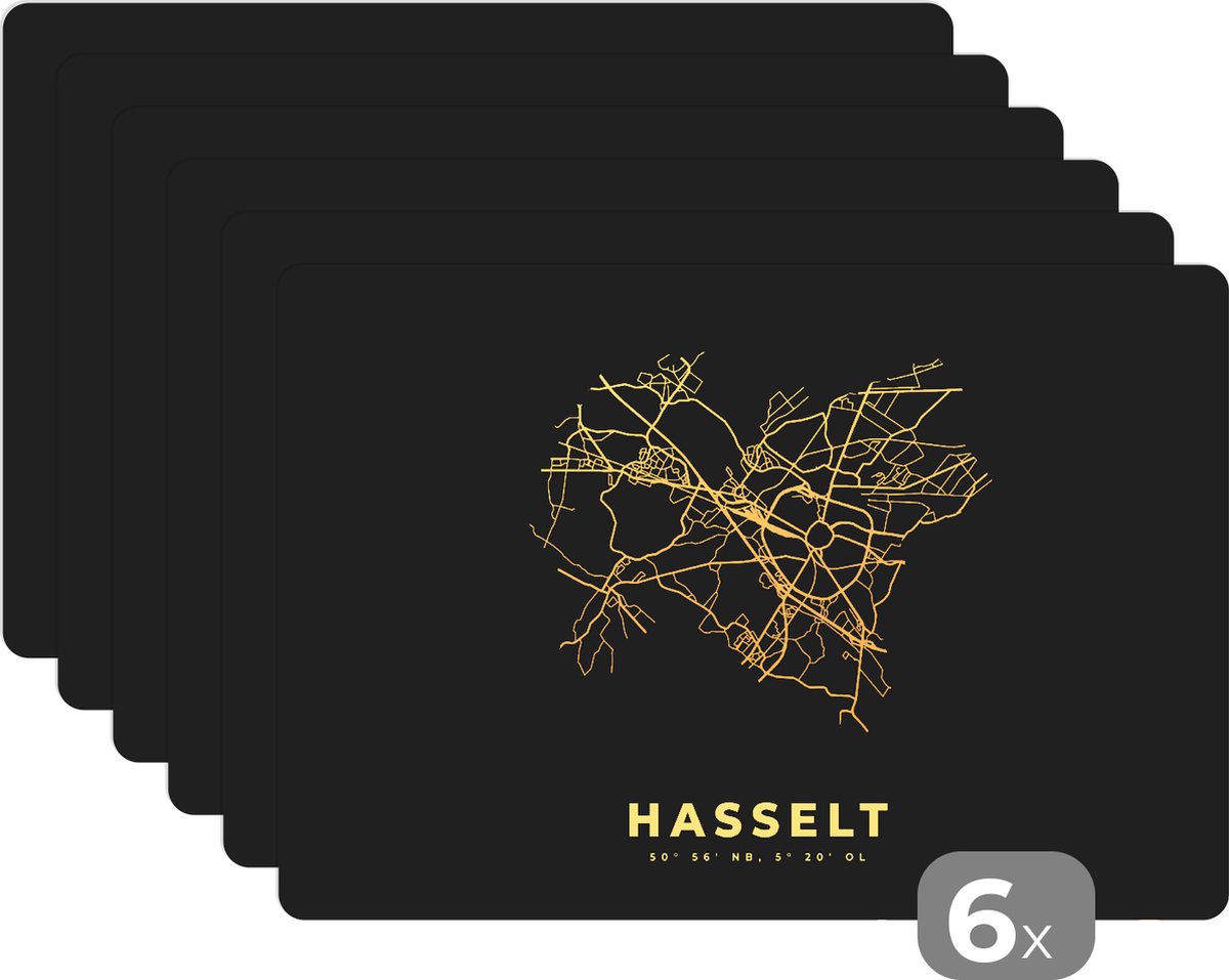 Placemat - Placemats kunststof - Stadskaart - Kaart - België – Plattegrond – Hasselt - Goud - 45x30 cm - 6 stuks - Hittebestendig - Anti-Slip - Onderlegger - Afneembaar